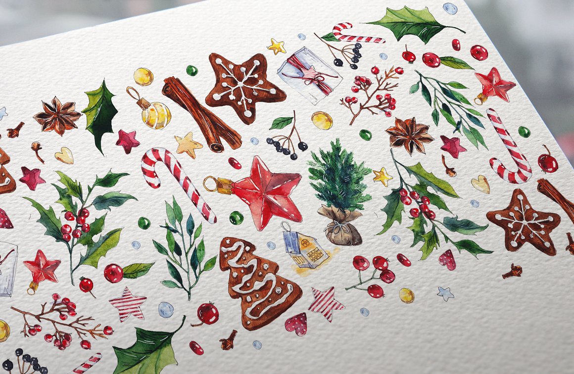 A set of different watercolor Christmas elements on a white background.