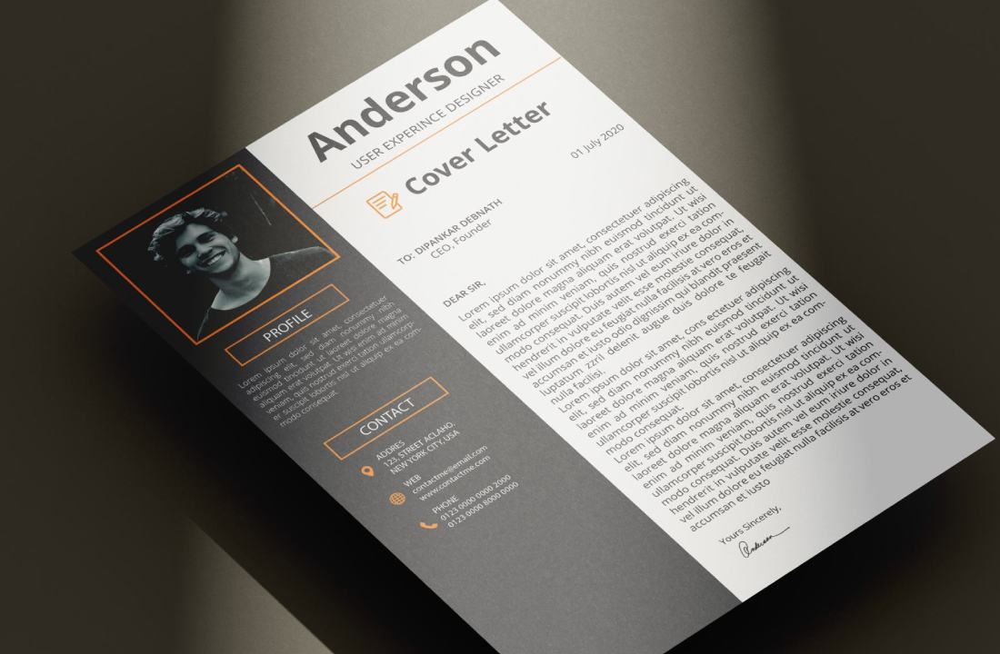 Grey and orange resume with a black background.