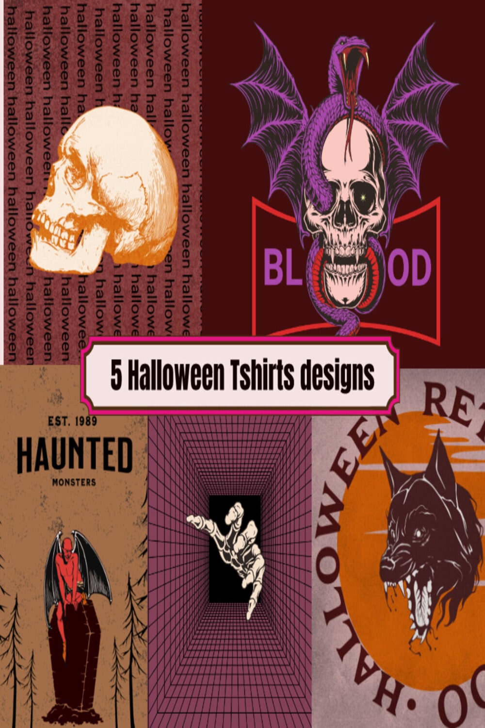 A selection of creepy images for print on T-shirts on the theme of Halloween.