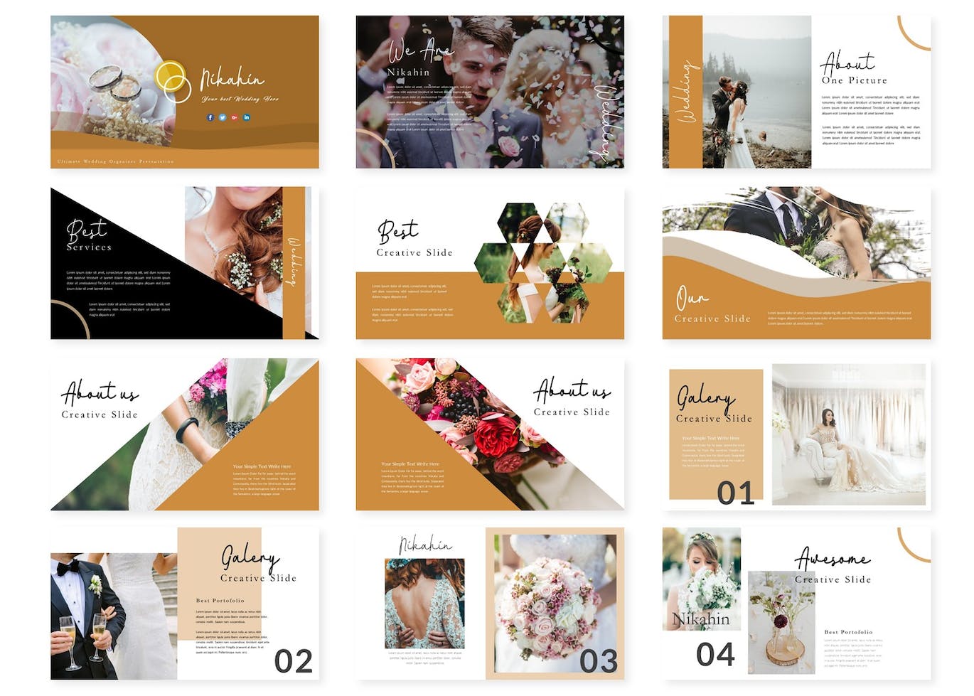 Pack of images of cute presentation template slides in brown and white colors.