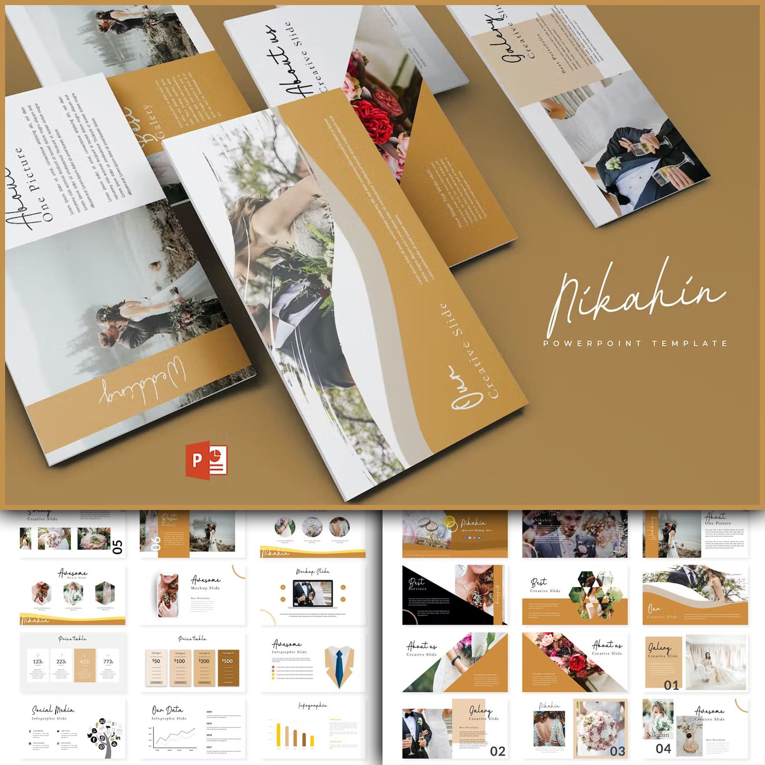 Collection of images of beautiful presentation template slides in brown and white colors.
