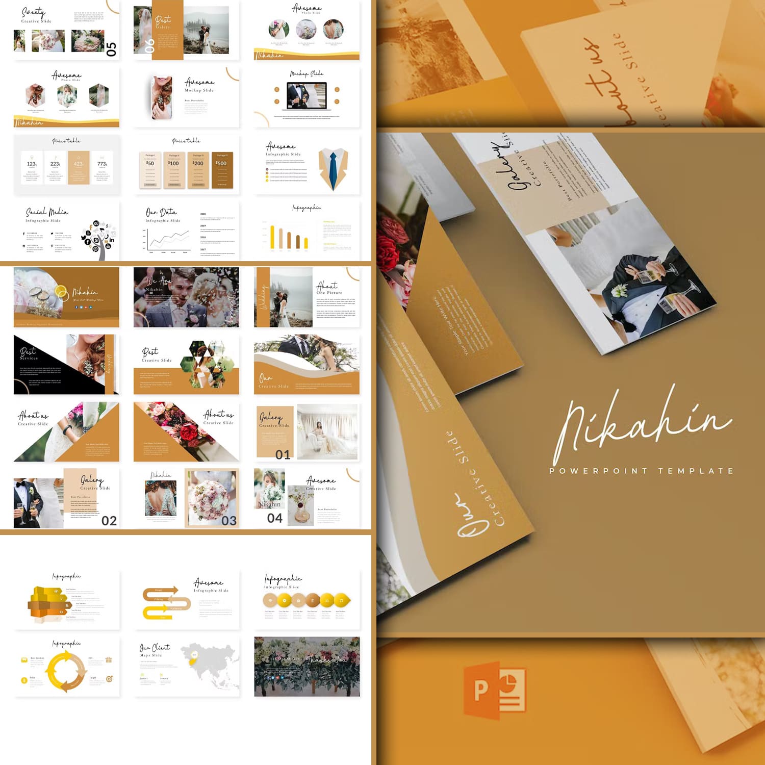 A selection of images of colorful presentation template slides in brown and white colors.