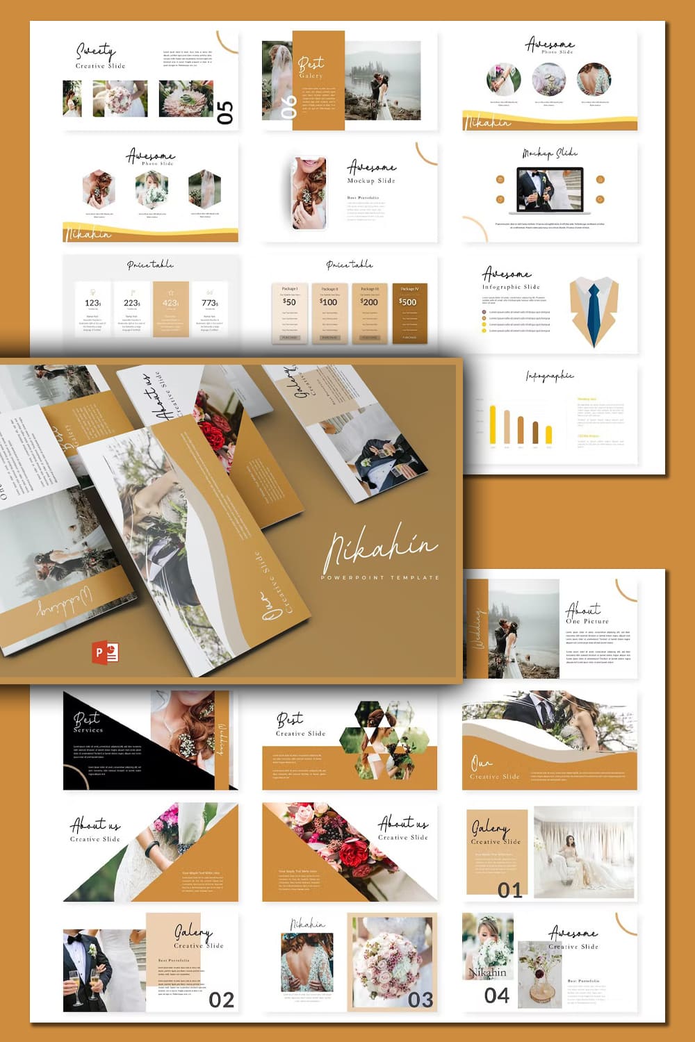 Bundle of images of marvelous presentation template slides in brown and white colors.