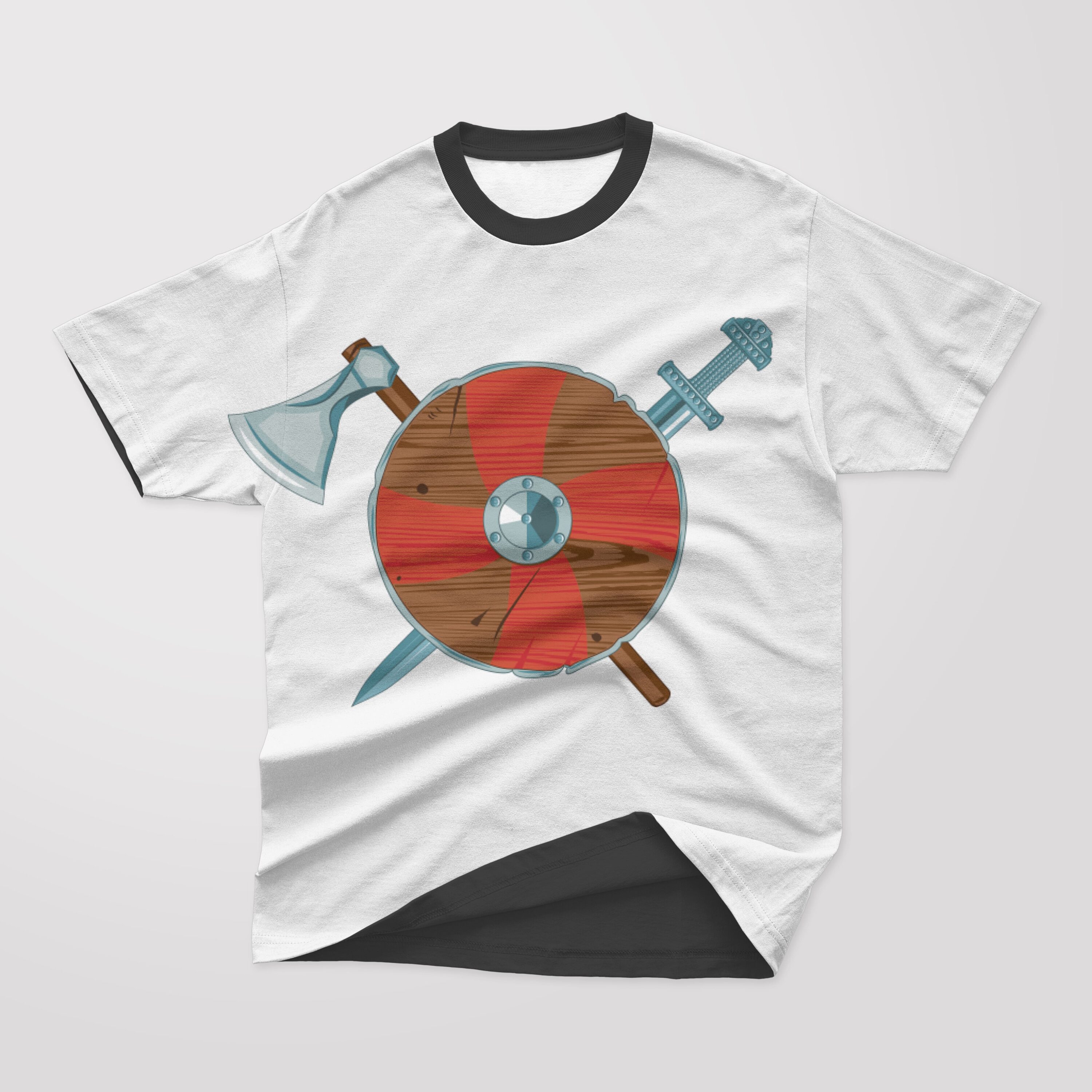 Red wooden wheel with sword on the white t-shirt.