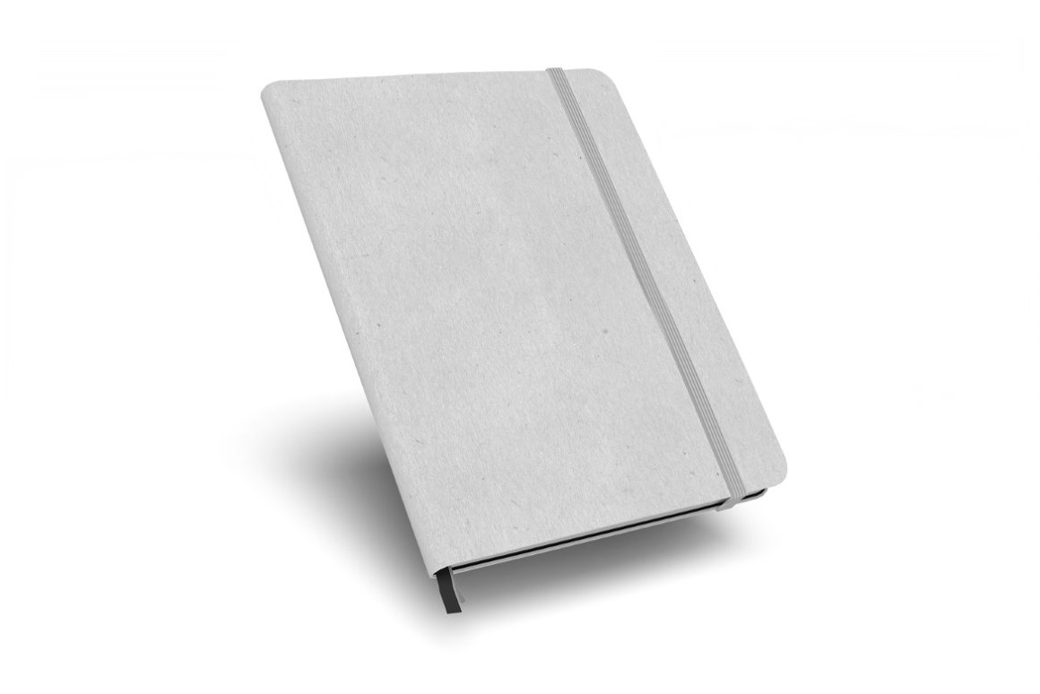 White notebook mockup with a gray rubber band bookmark on a white background.