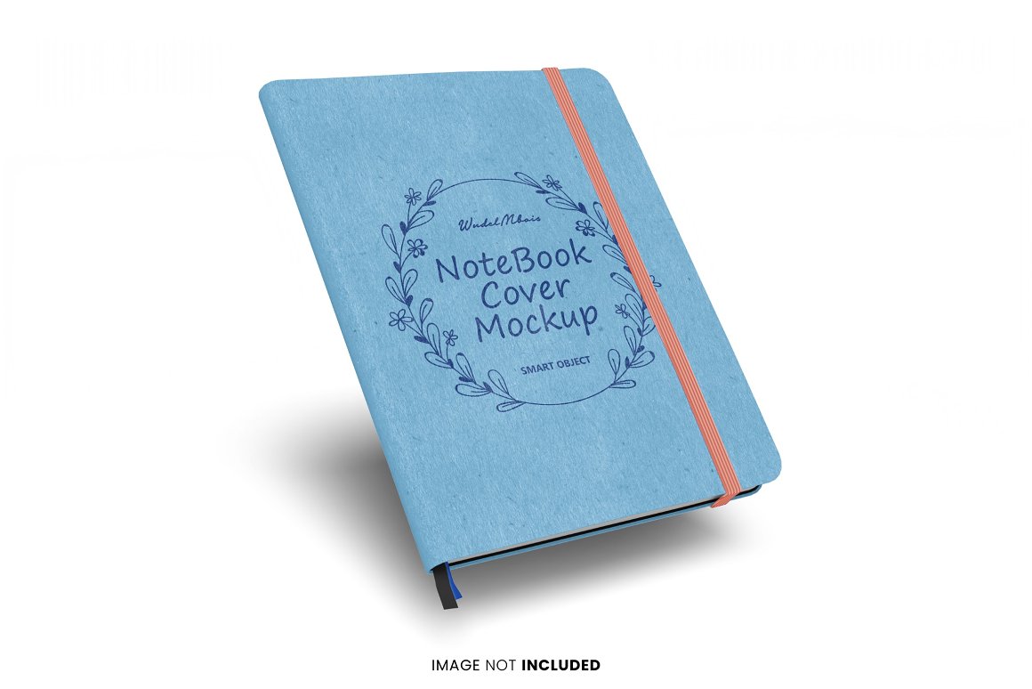 Blue notebook mockup with a peach rubber band bookmark on a white background.