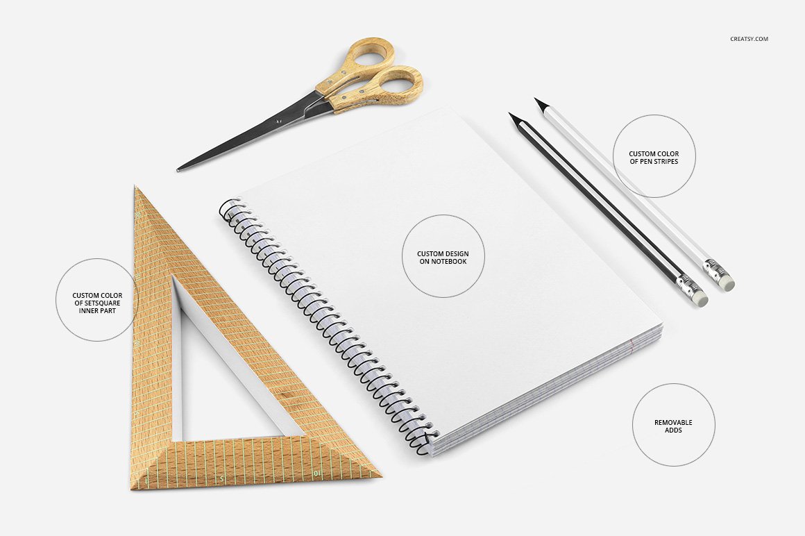 A set of images of a notepad with a charming design and stationery.