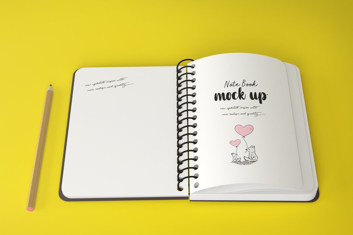 Image of a notebook in expanded form with a picture of charming foxes on a yellow background.