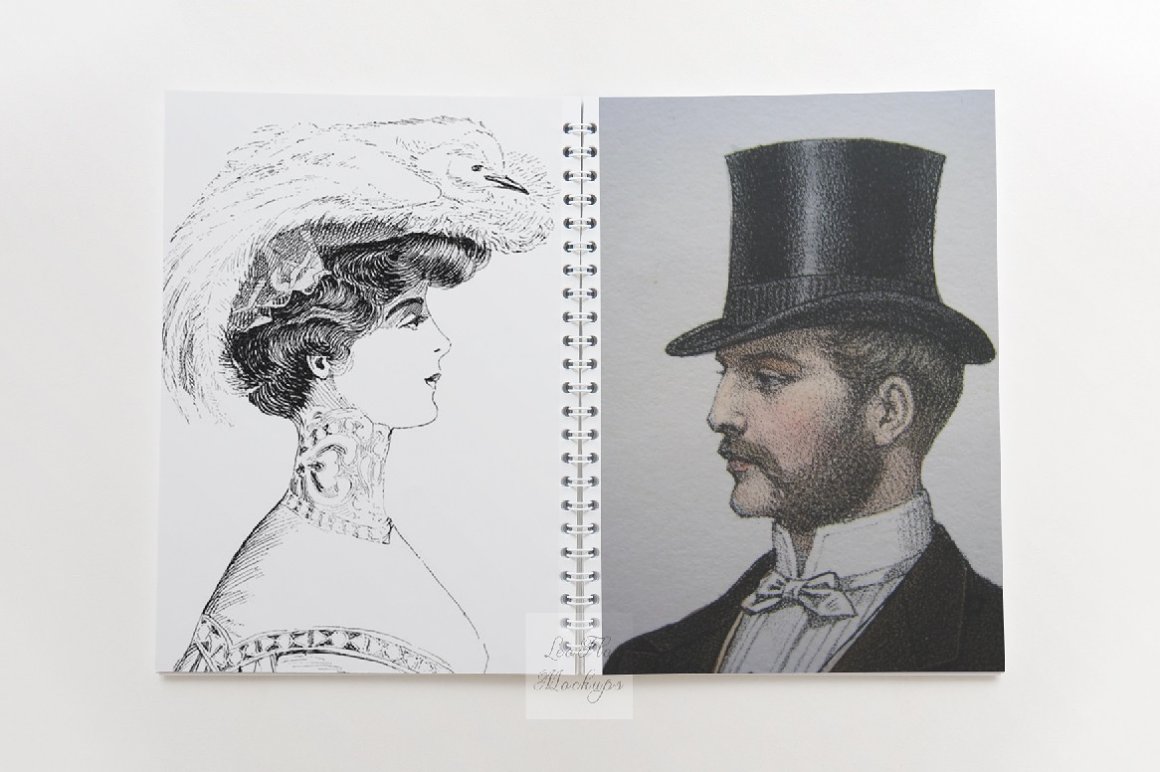 Image of a notebook in expanded form with charming portraits of men and women.