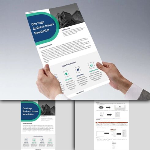 A selection of images of an elegant business newsletter presentation slide template.