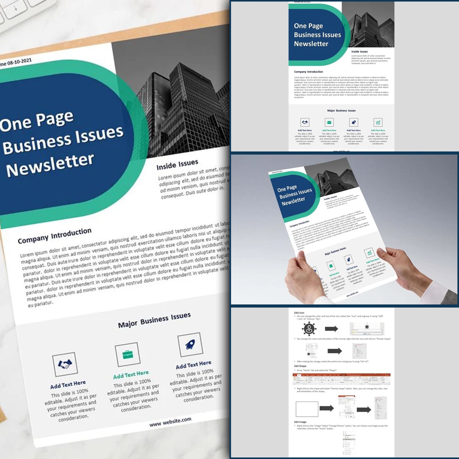 A set of images of a unique business newsletter presentation slide template.