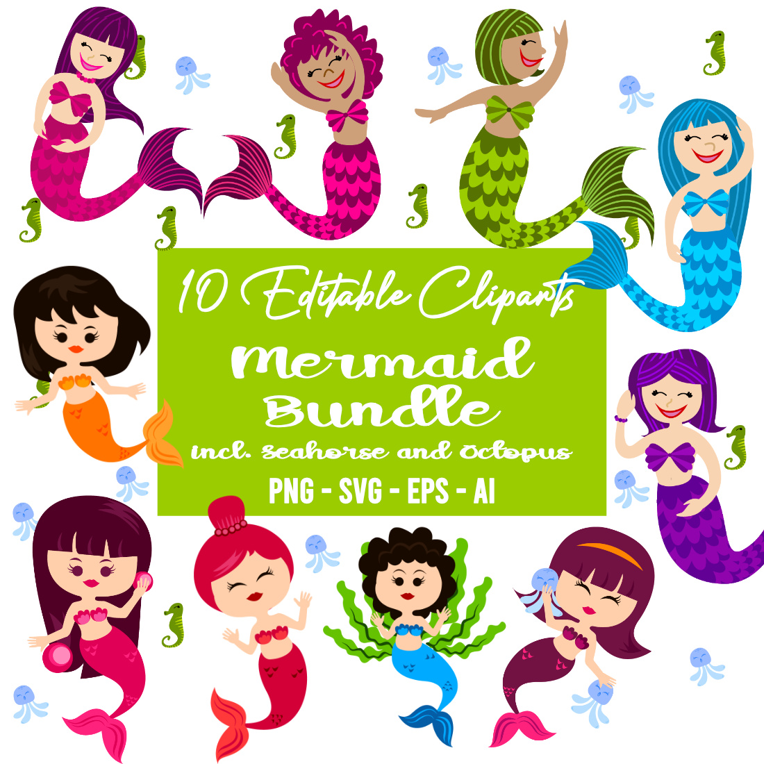 Mermaids Editable Clipart Graphics Set cover image.