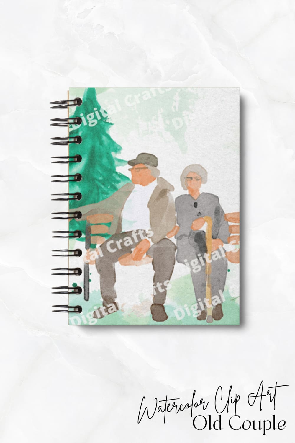 Notebook with a colorful cover featuring an old couple sitting on a bench.