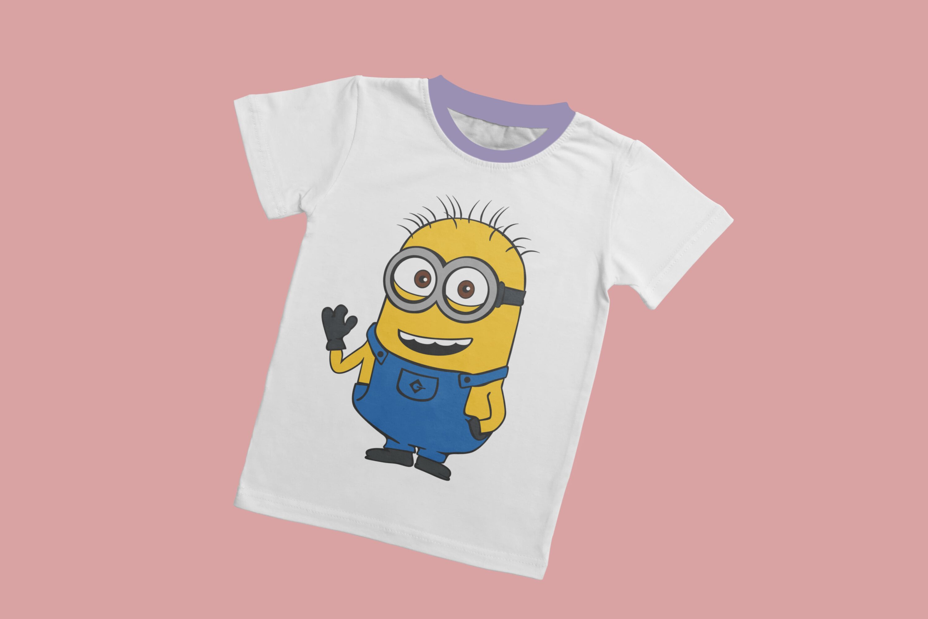 A white T-shirt with a lavender collar and a smiling minion.