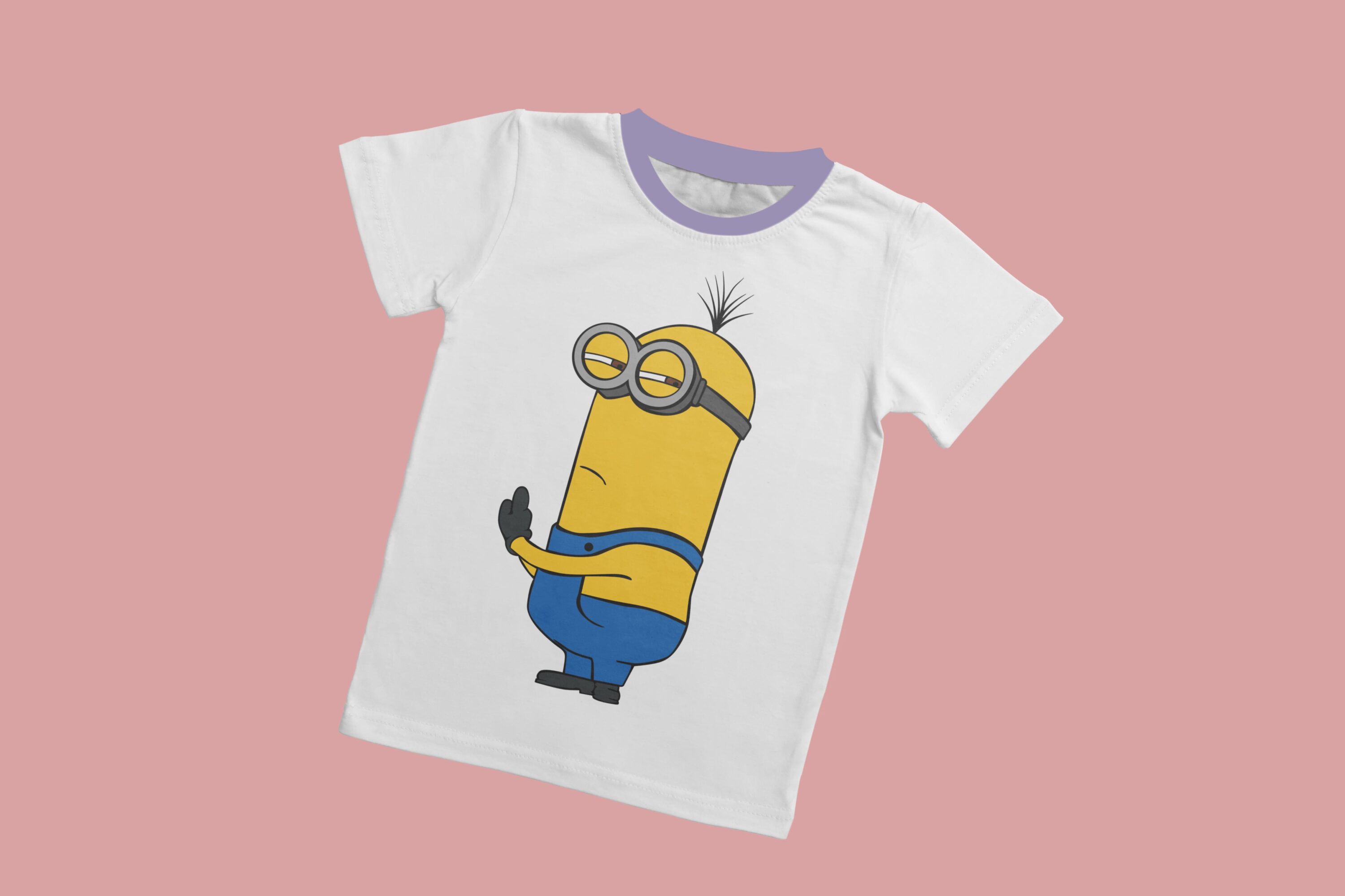 A white T-shirt with a lavender collar and a offended minion.