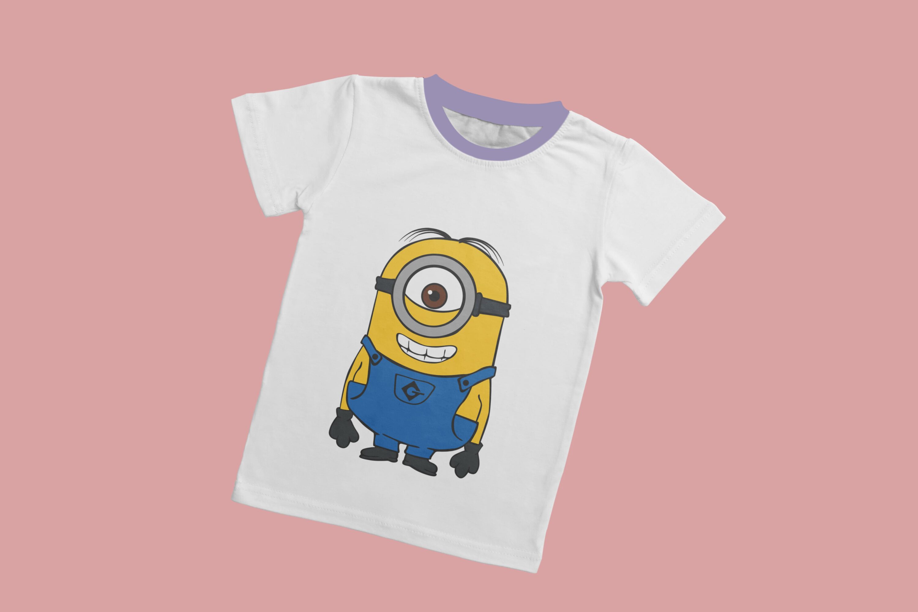 A white T-shirt with a lavender collar and a smiling minion with one eye.