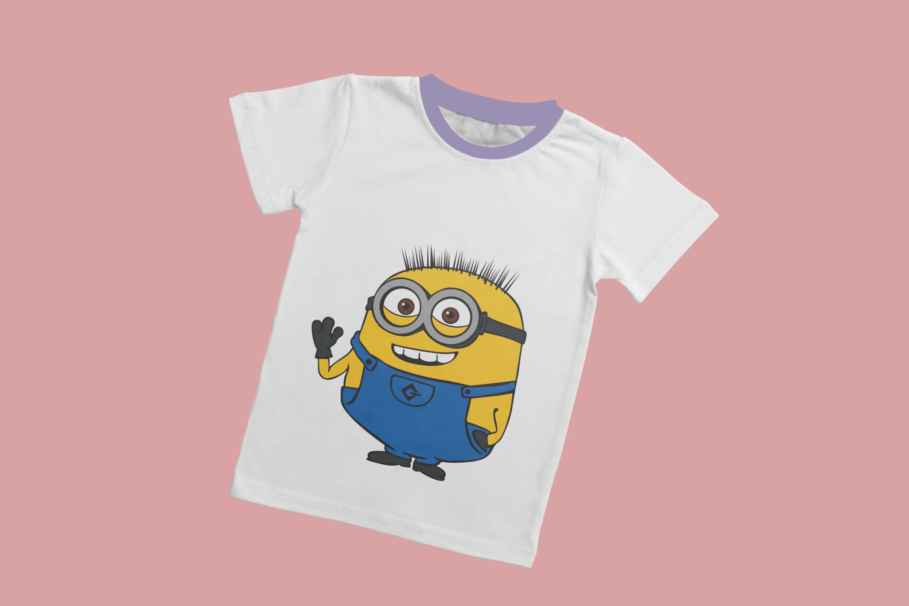 A white T-shirt with a lavender collar and a smiling little minion.