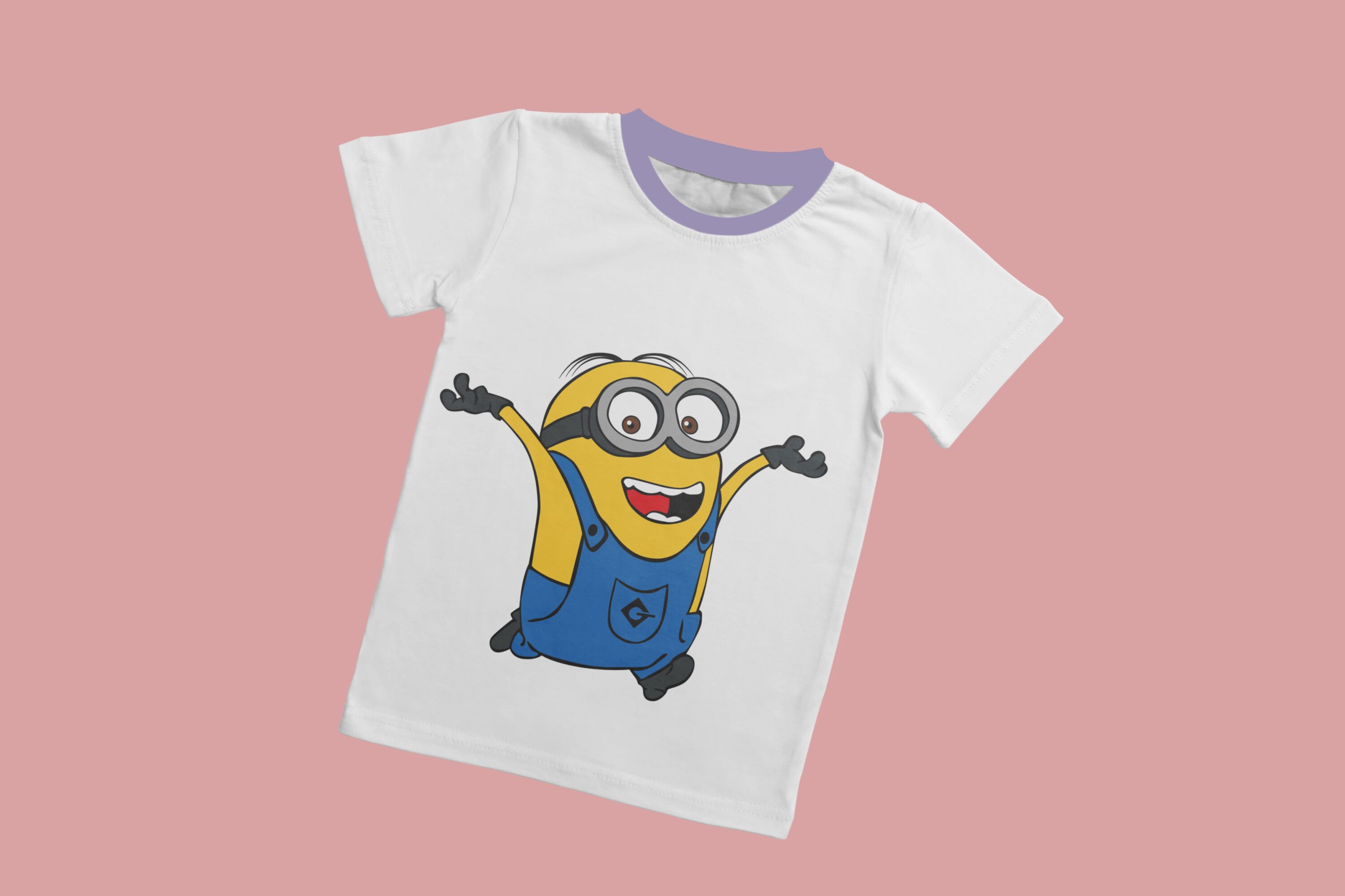 A white T-shirt with a lavender collar and a happy minion.