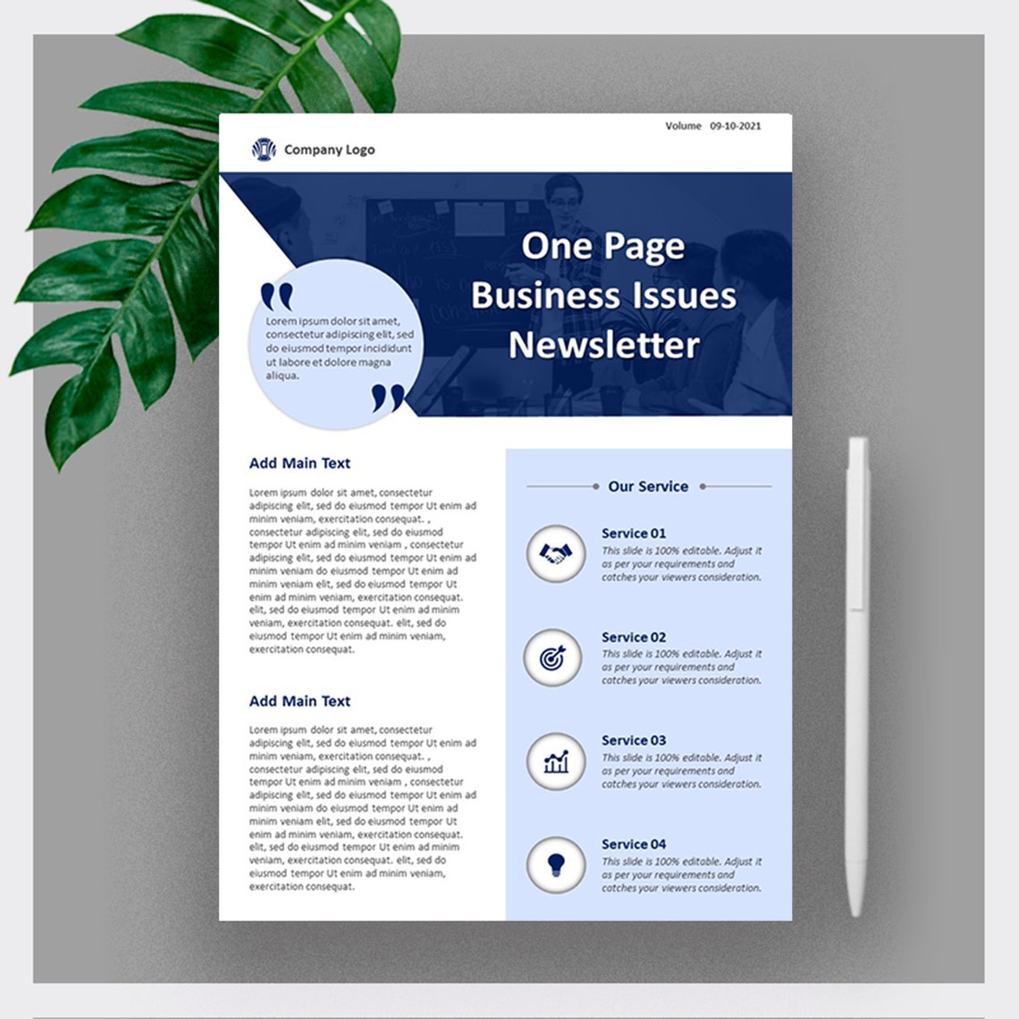 Image of a beautiful newsletter presentation template slide.