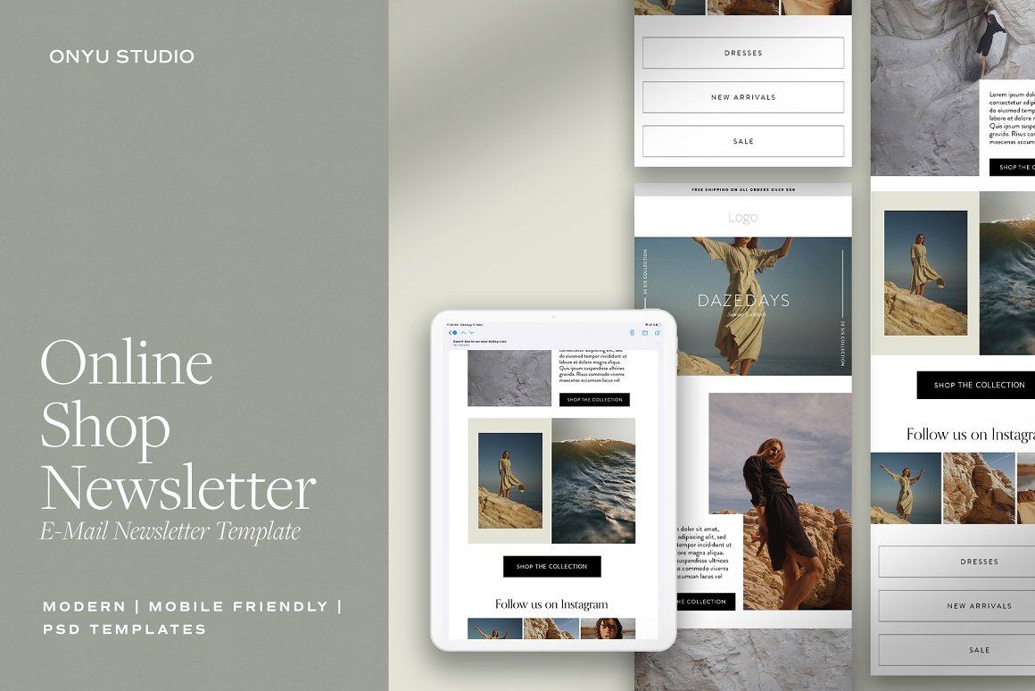 White lettering "Online Shop Newsletter E-Mail Newsletter Template" and mockup Ipad with template online shop newsletter on a gray background.