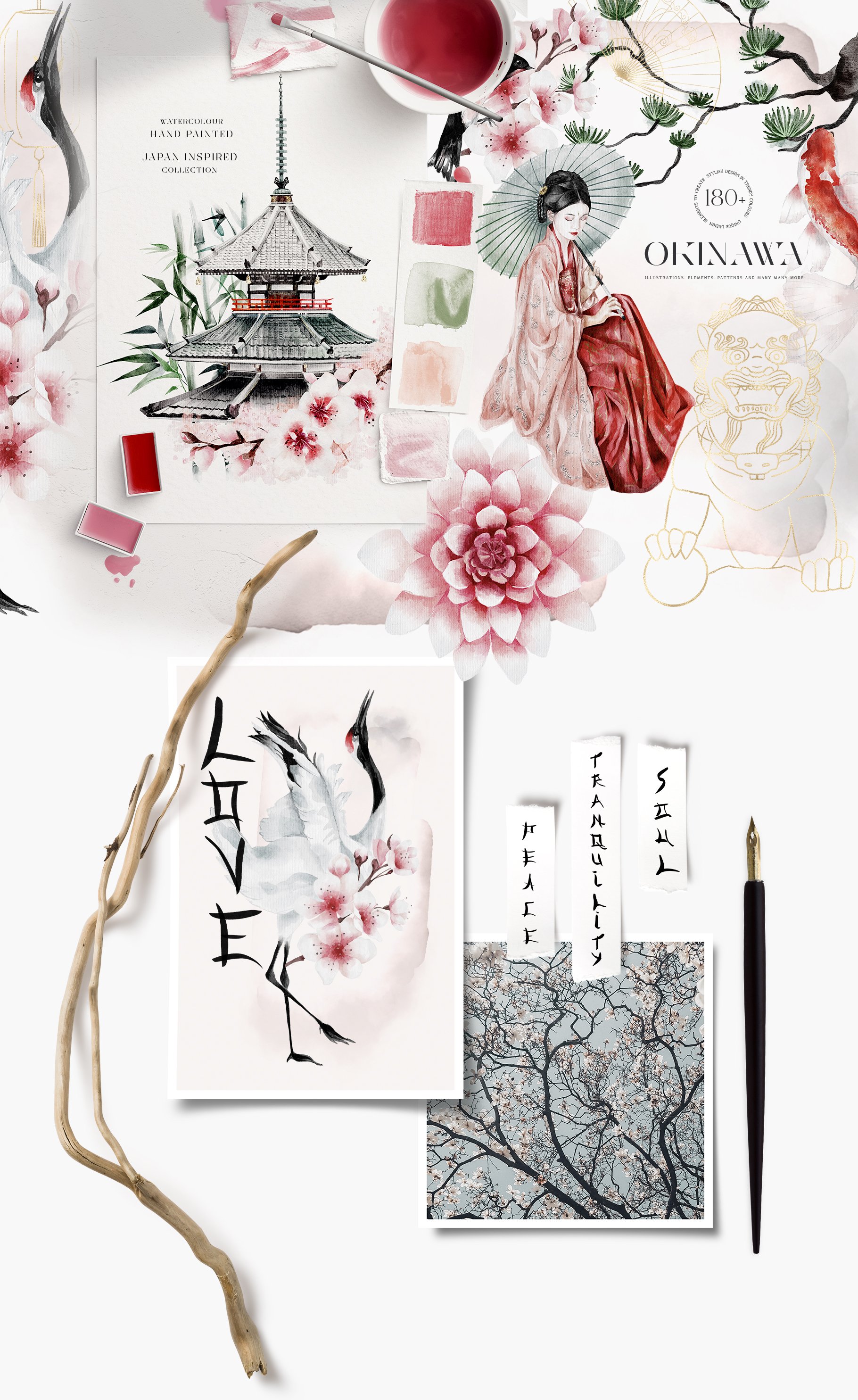 Luxury watercolor Japanese illustrations with the different elements.
