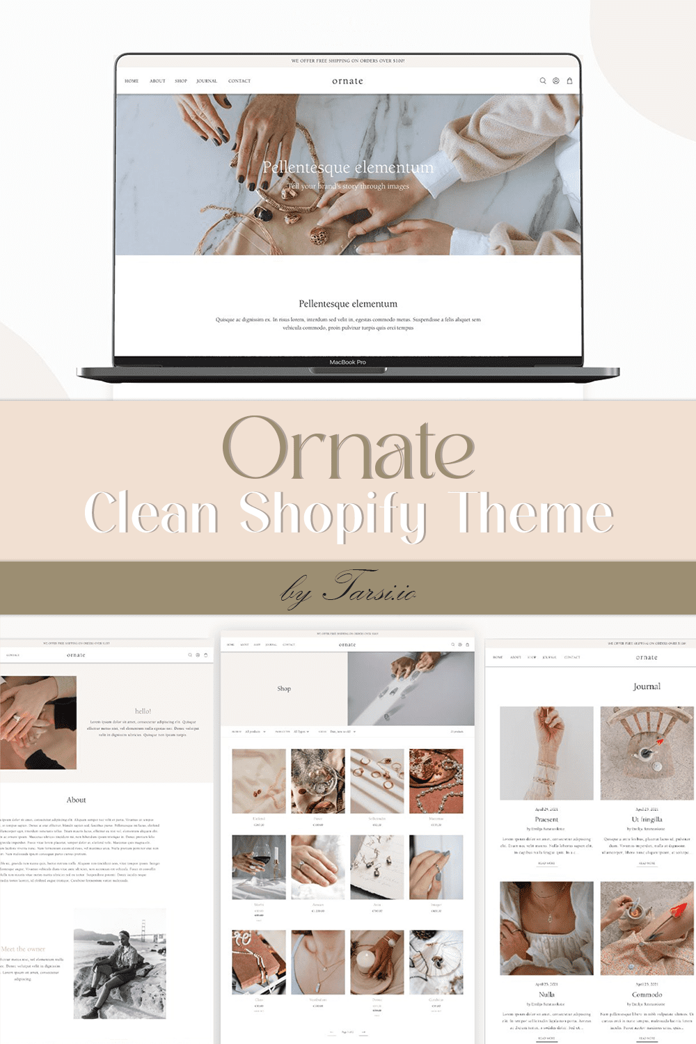 Collection of images of elegant Shopify theme in brown and white.