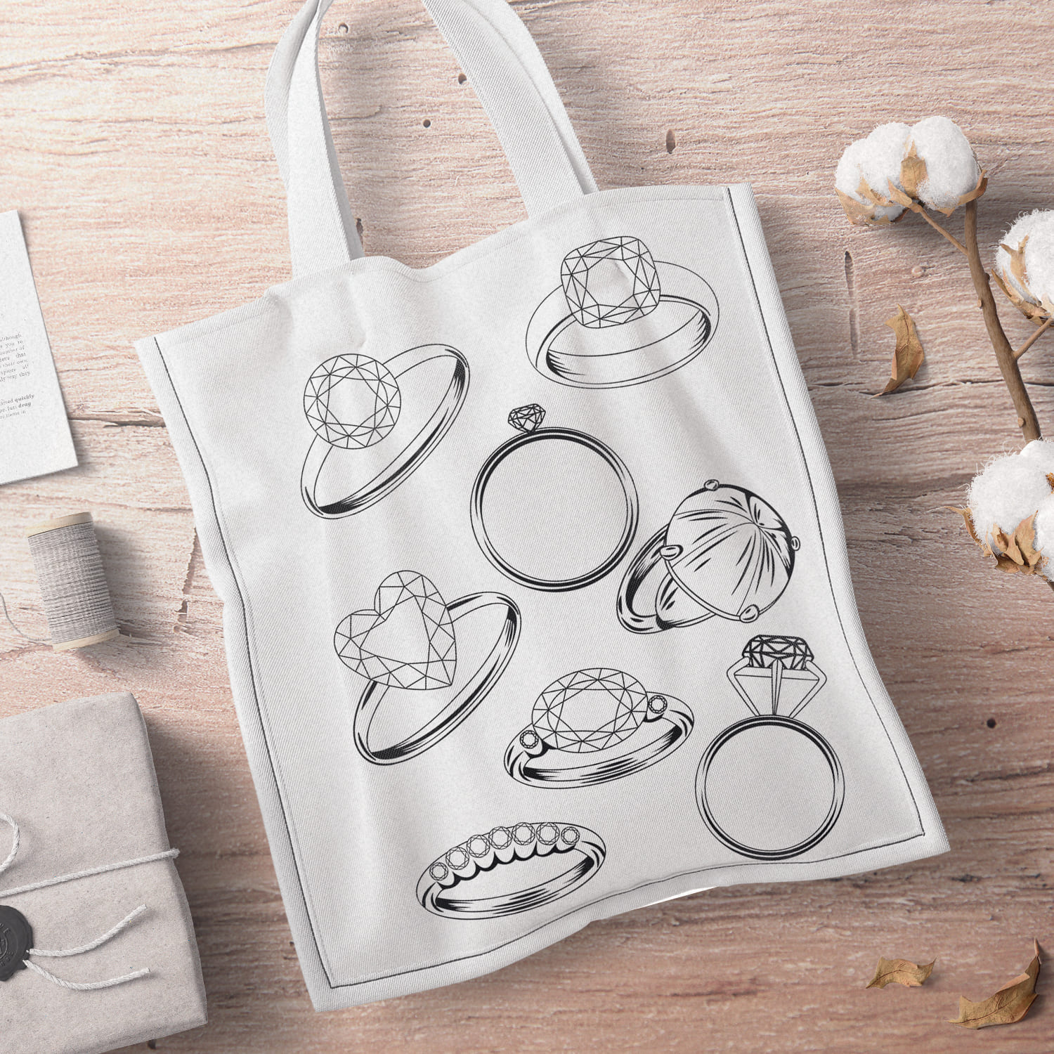 Shopping bag with outline diamond rings.