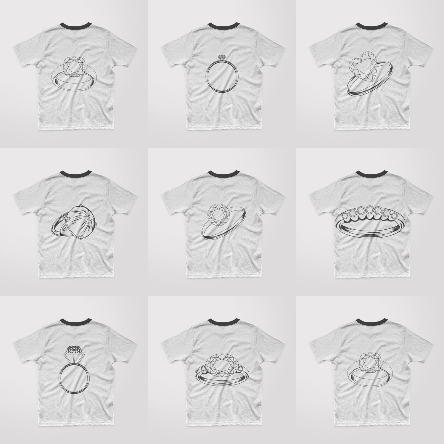 A selection of images of T-shirts with gorgeous outline diamond ring prints.