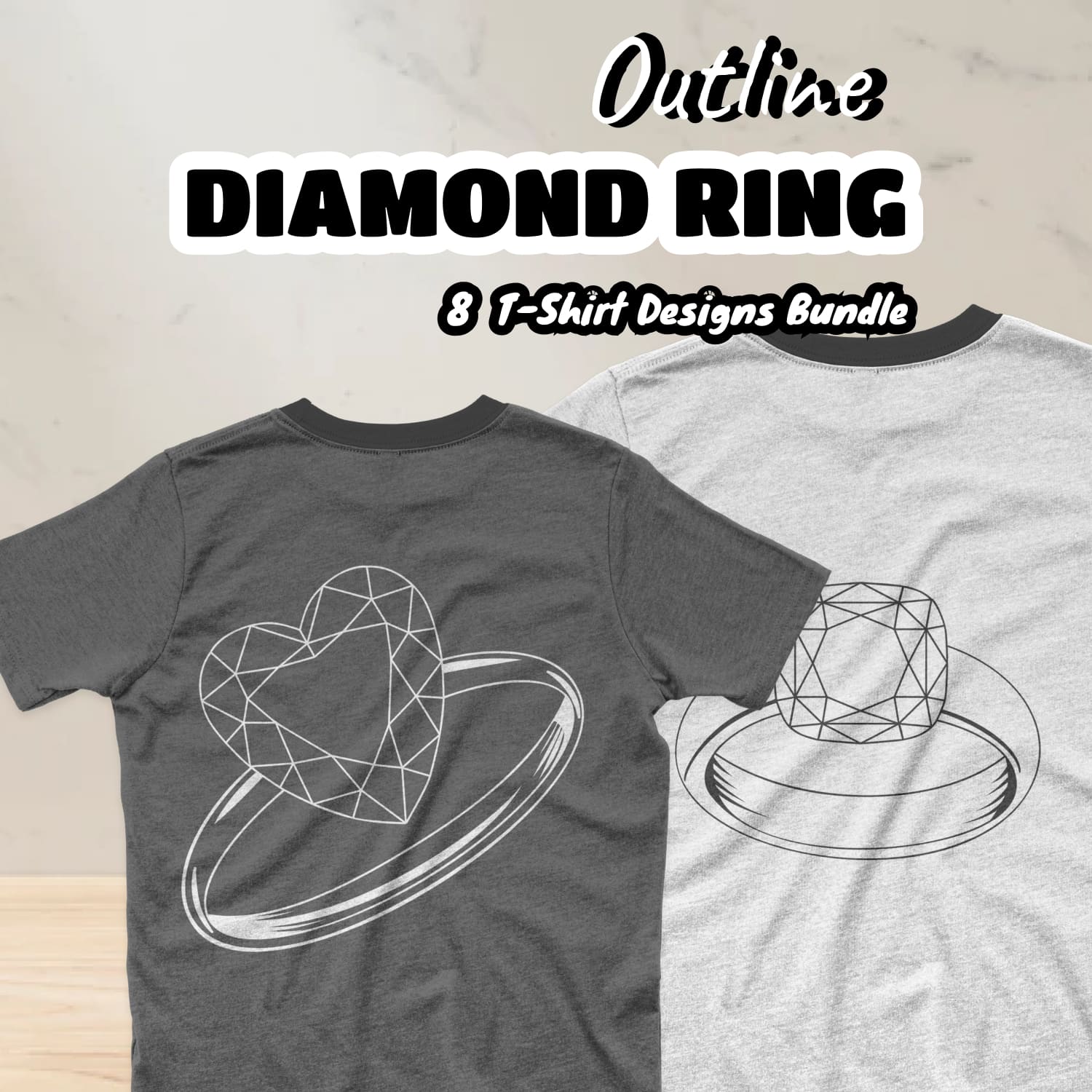 Collection of T-shirt images with charming outline diamond ring prints.