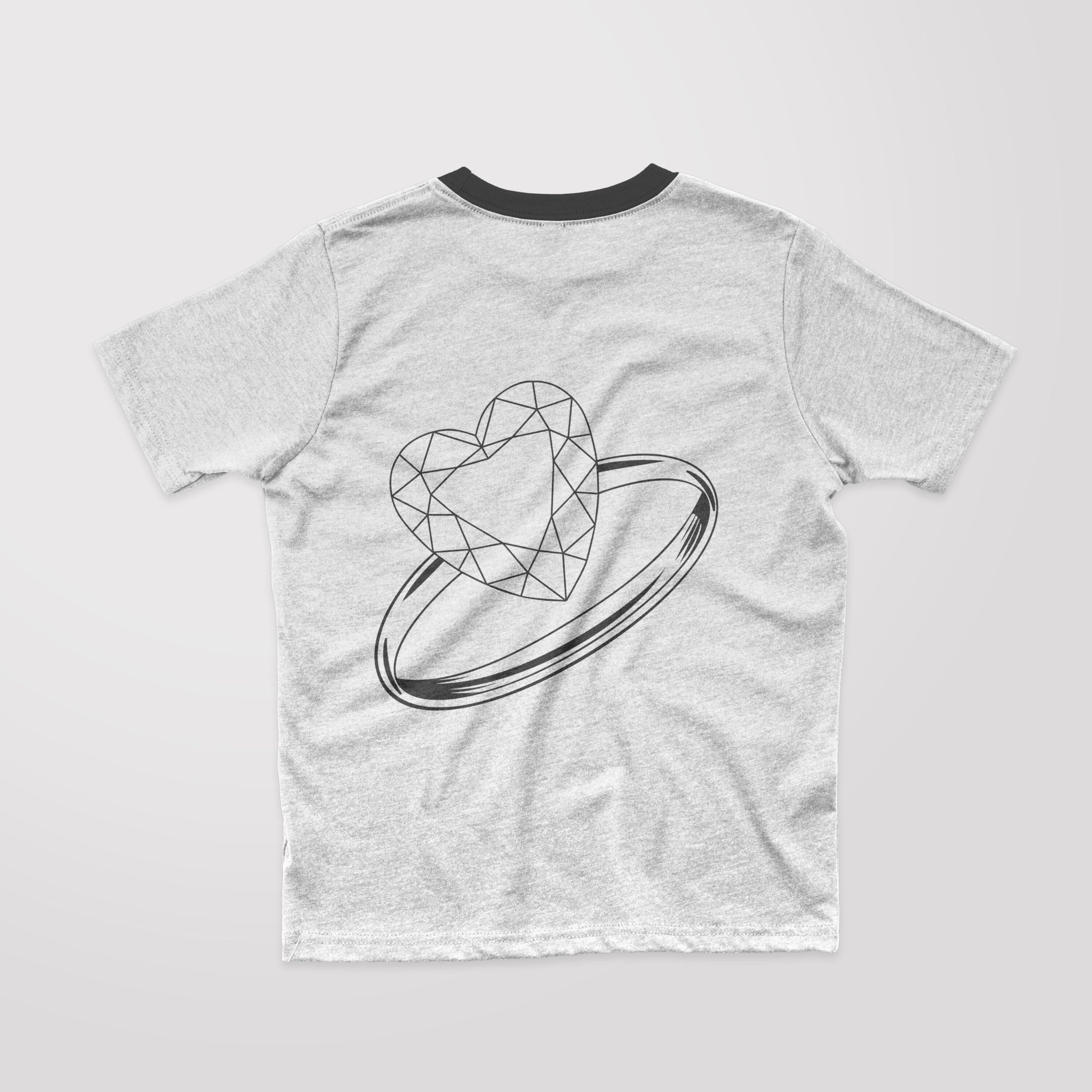 Image of a t-shirt with a charming outline diamond ring print.