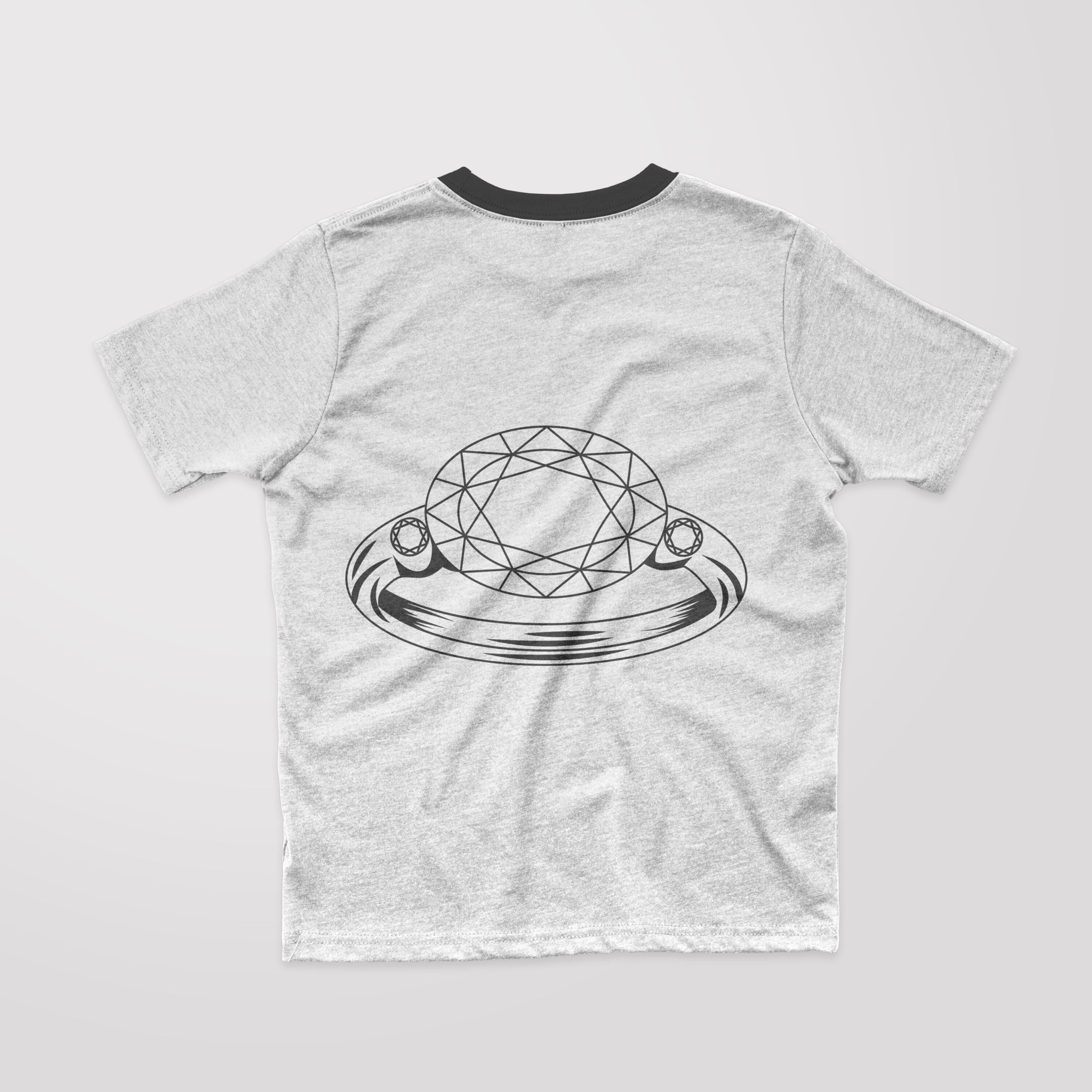 Image of a T-shirt with a beautiful print of a outline diamond ring.