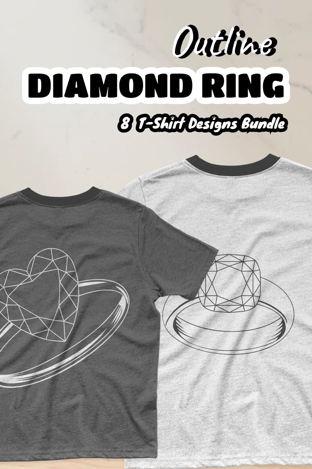 Bundle of t-shirt images with colorful outline diamond ring prints.