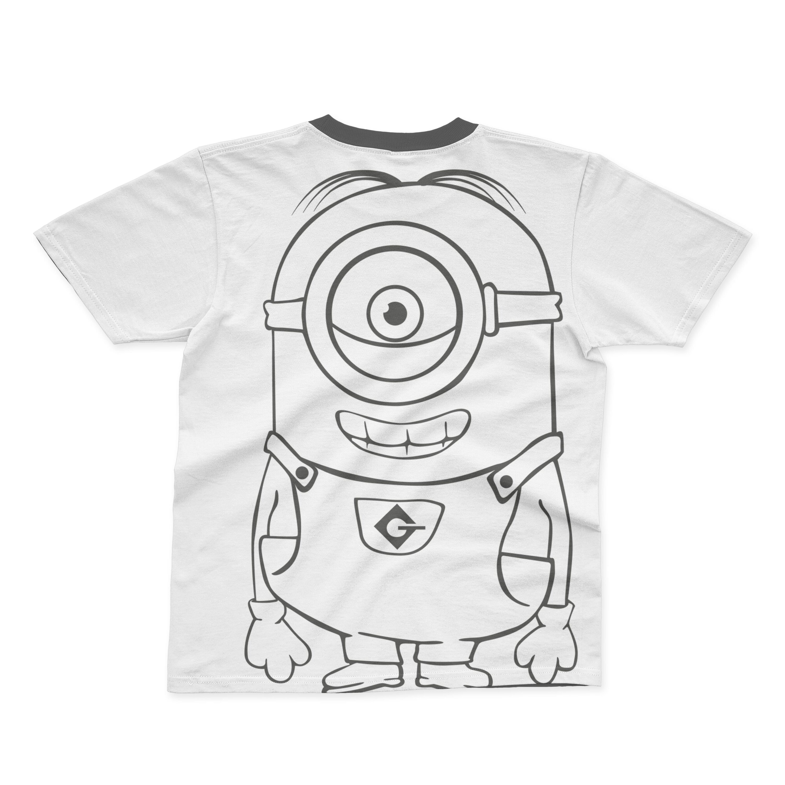 A white T-shirt with a black collar and an outline of a smiling minion with one eye.