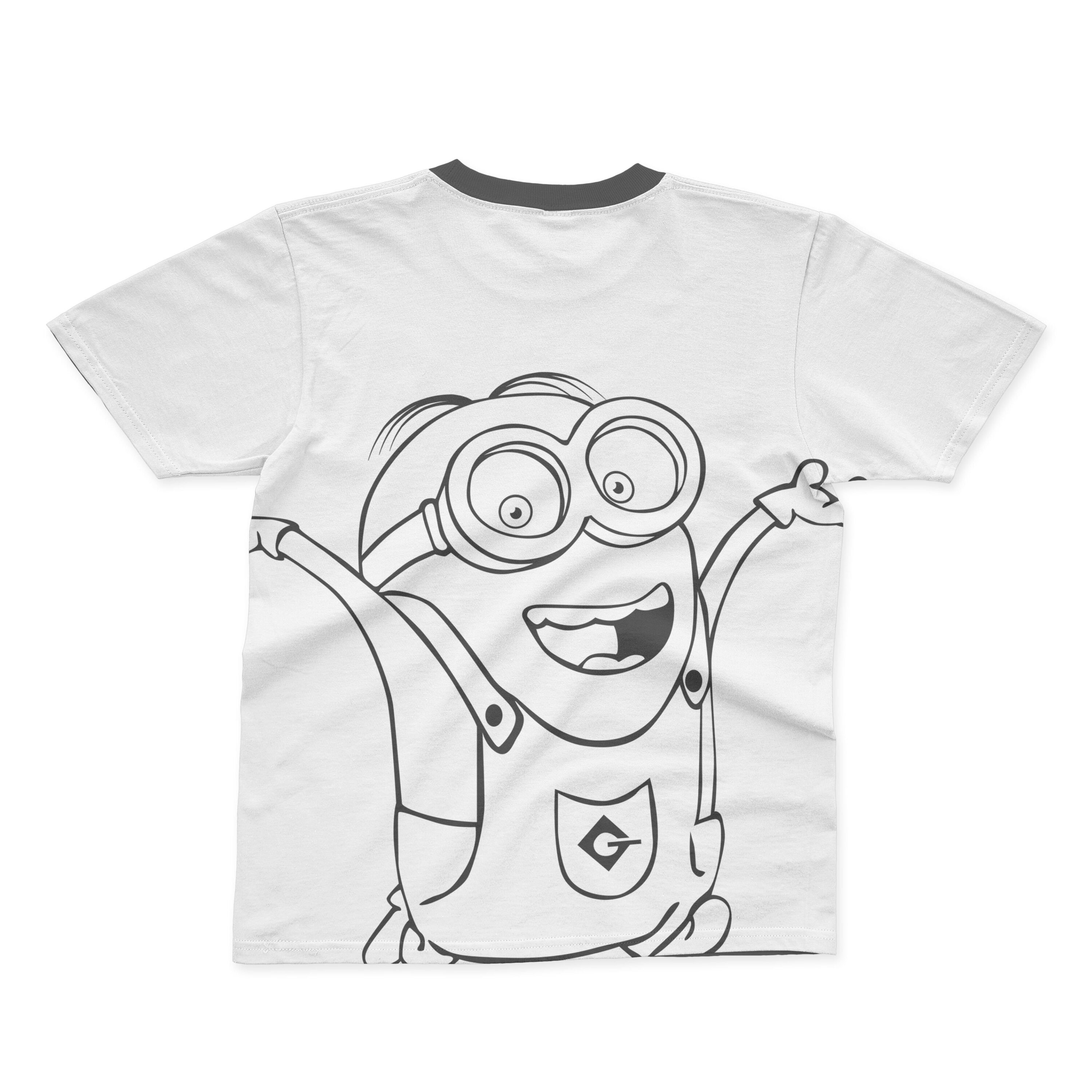 A white T-shirt with a black collar and an outline of a happy minion.