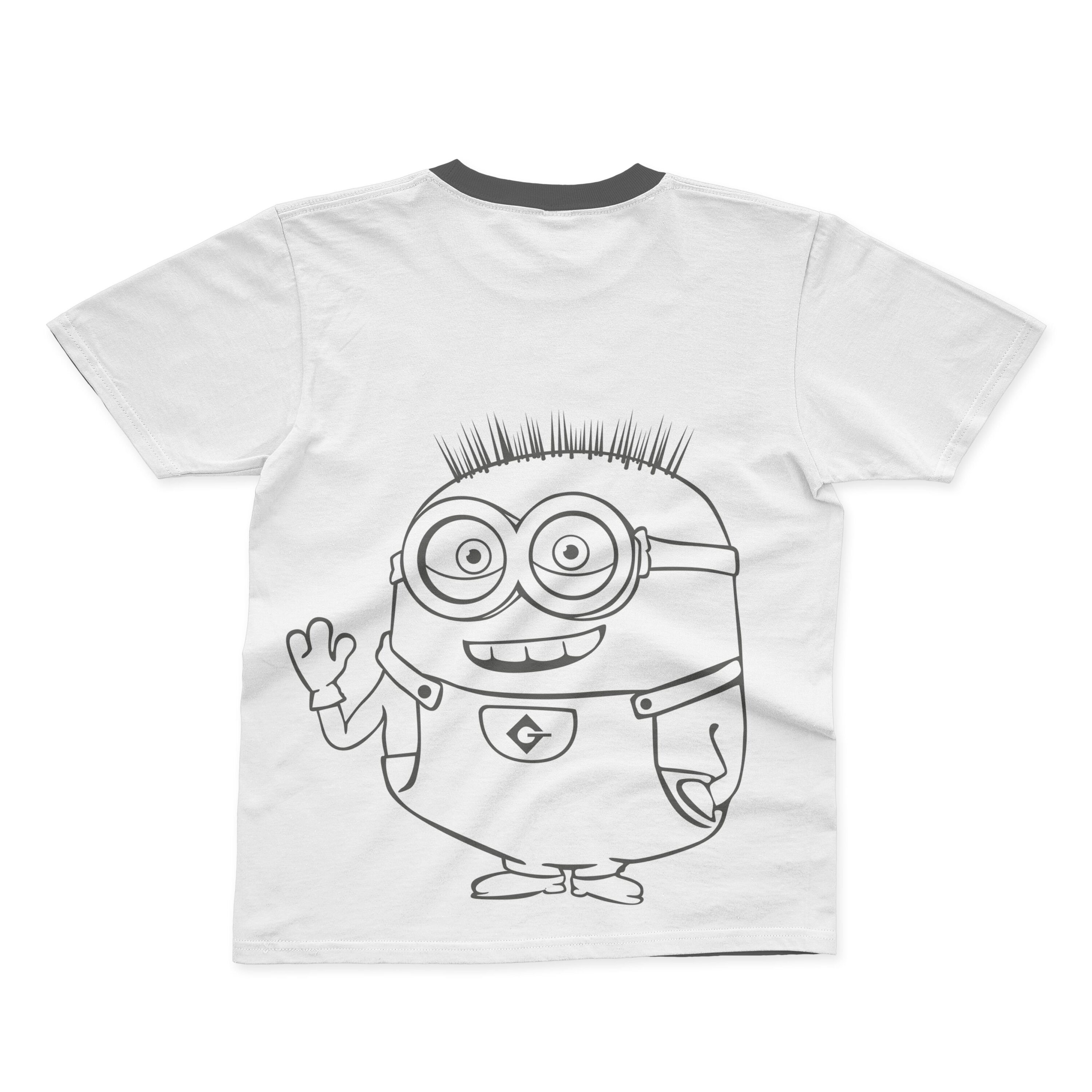 A white T-shirt with a black collar and an outline of a smiling minion.
