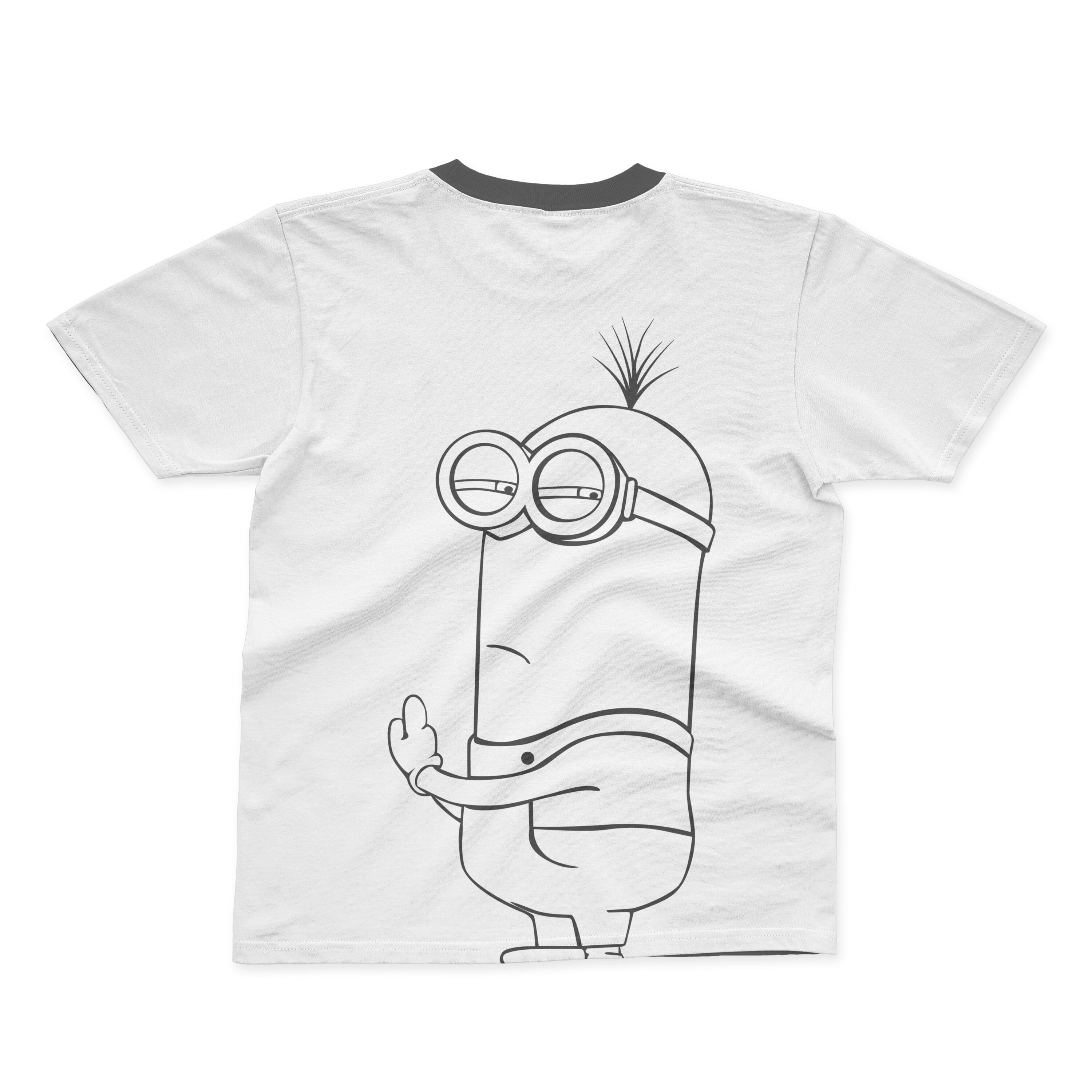 A white T-shirt with a black collar and offended minion outline.