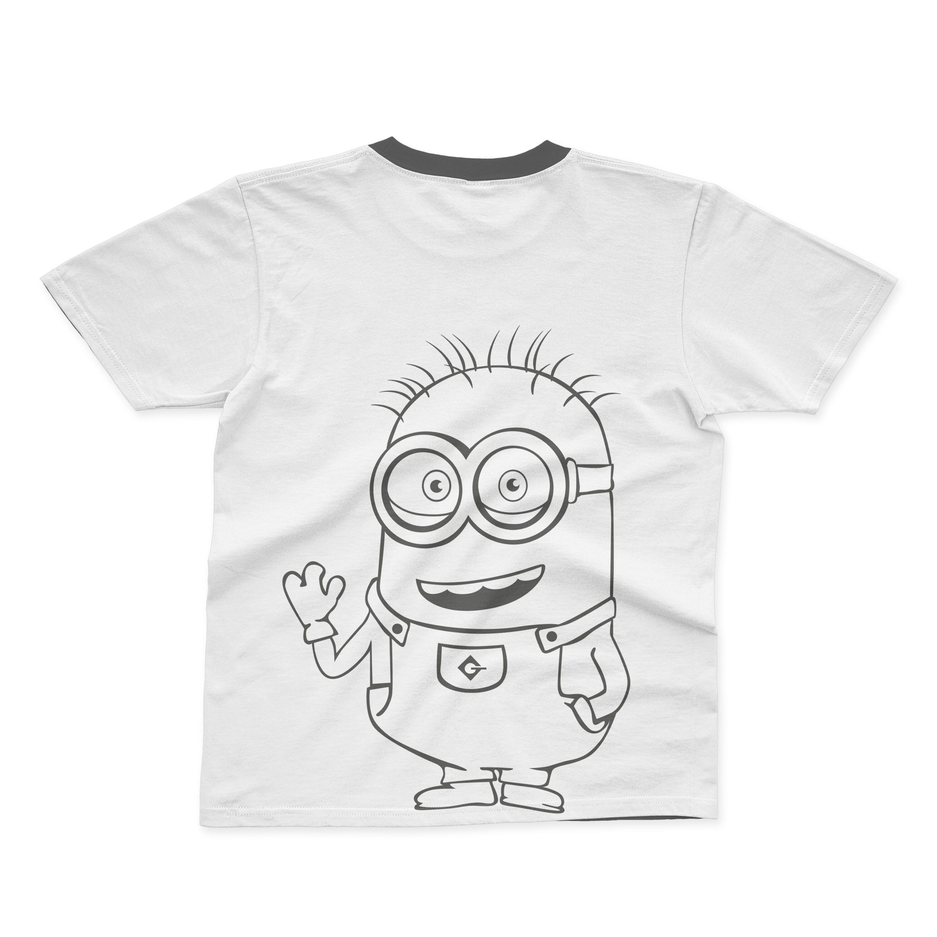 A white T-shirt with a black collar and an outline of a smiling minion.
