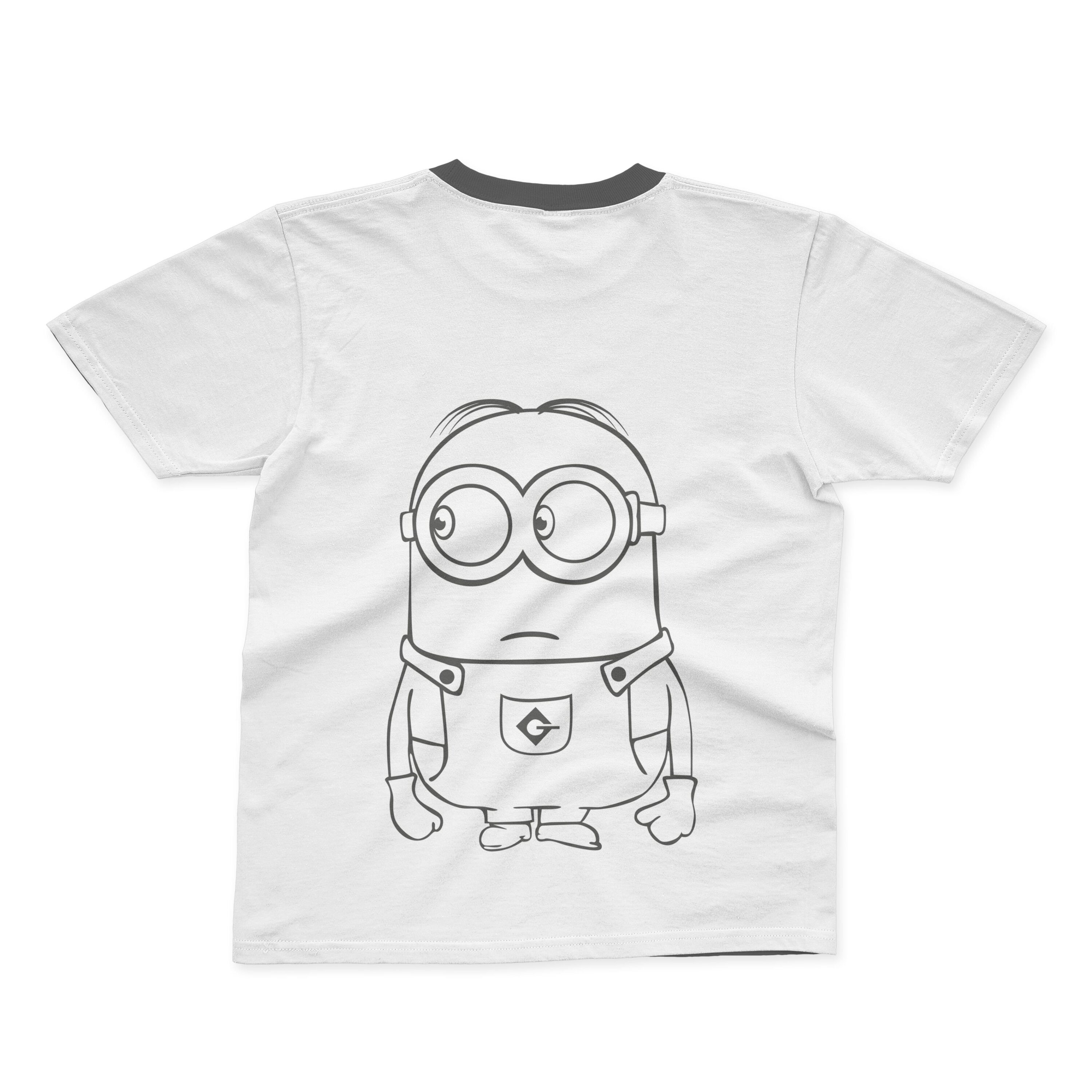 A white T-shirt with a black collar and an outline of a sad minion.