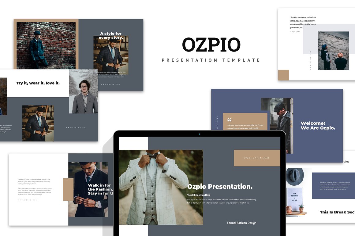 Cover - black lettering "OZPIO Presentation Template" and different men's formal suit powerpoint templates on a white background.