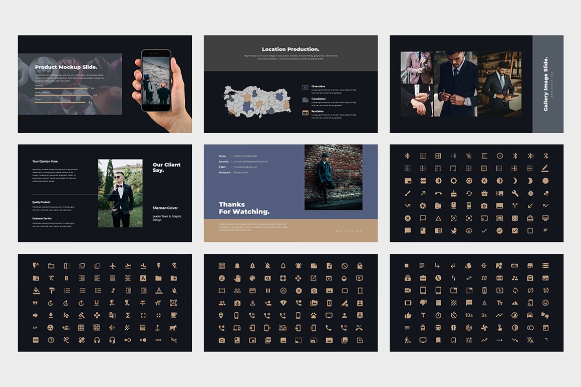 A set of 5 slides maps, mockups and images and 4 slides with white icons on a black background.
