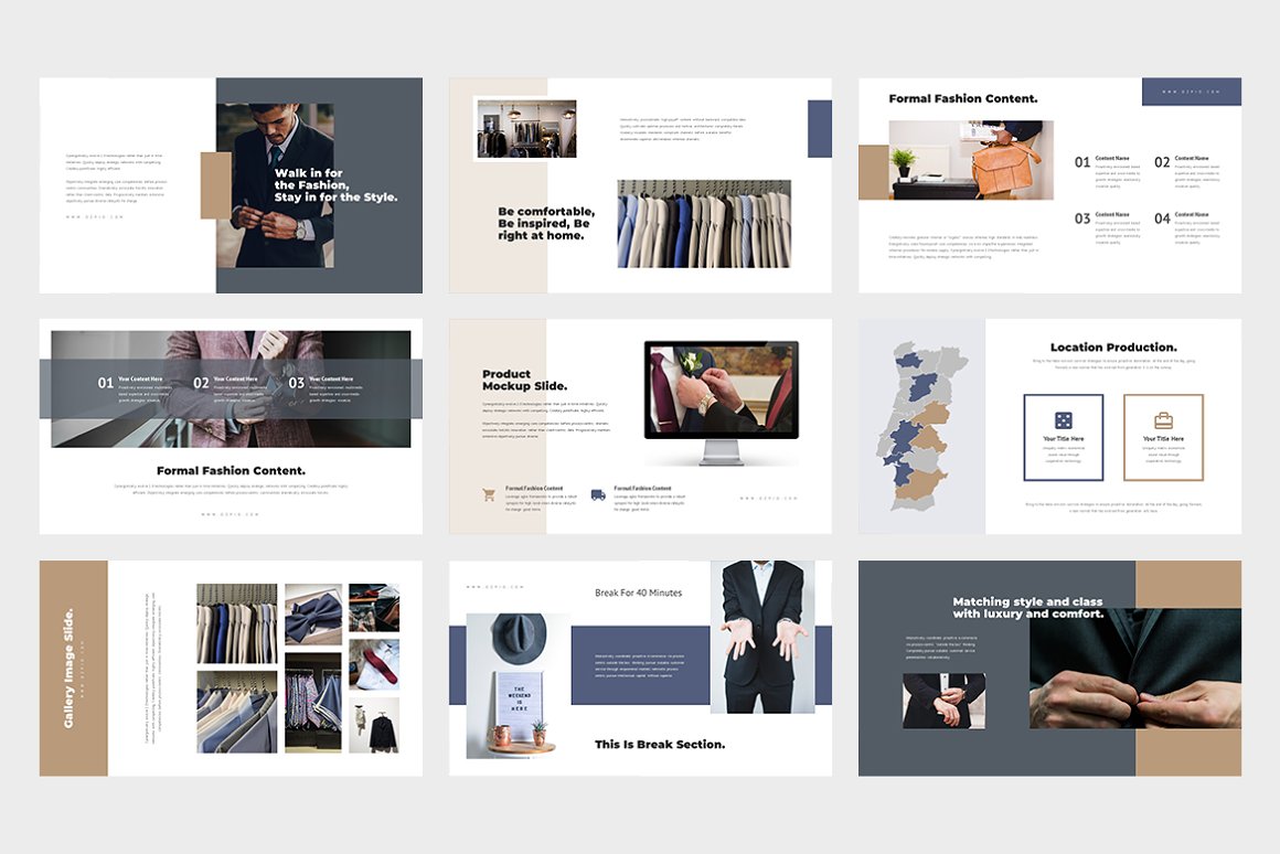 9 different slides in warm colors on a gray background.