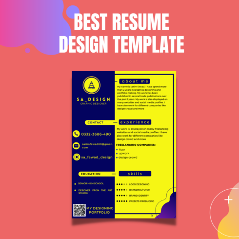 Yellow and blue resume on a pink background.