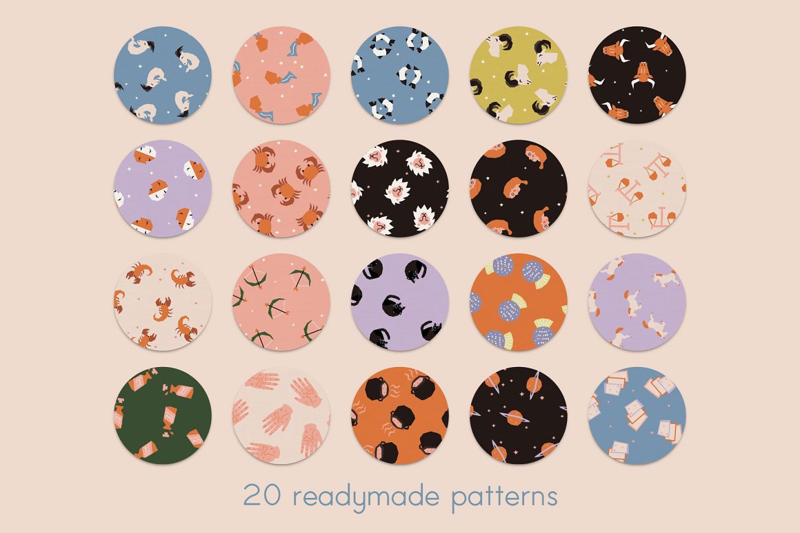A set of 20 different colorful readymade patterns on a pink background.