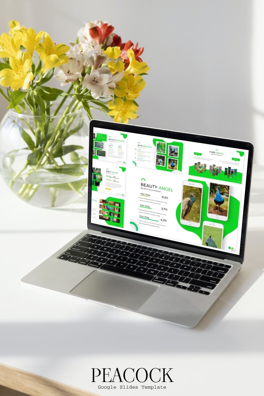 Collection of images of enchanting presentation template slides in green color on laptop screen.