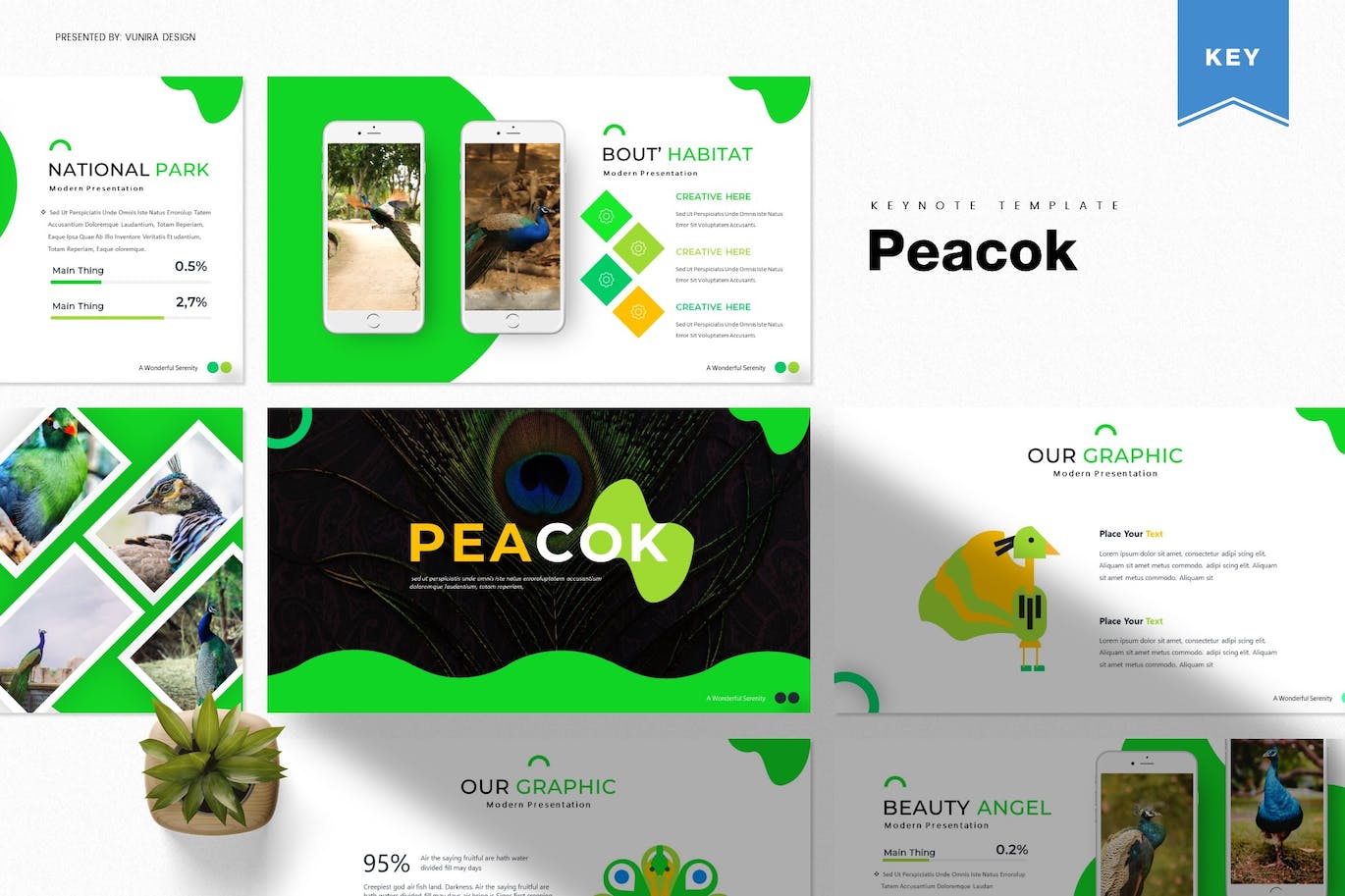 A selection of images of enchanting presentation template slides in green.
