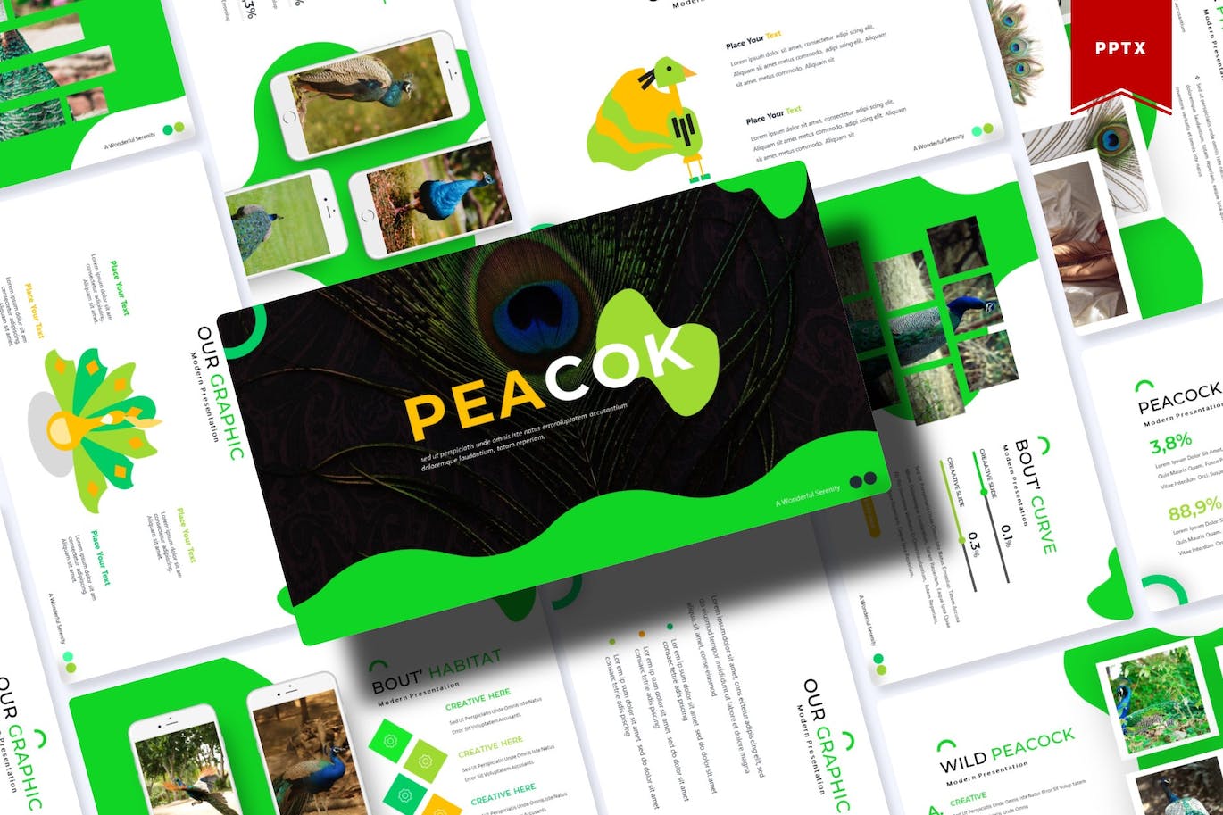 A selection of images of wonderful presentation template slides in green.