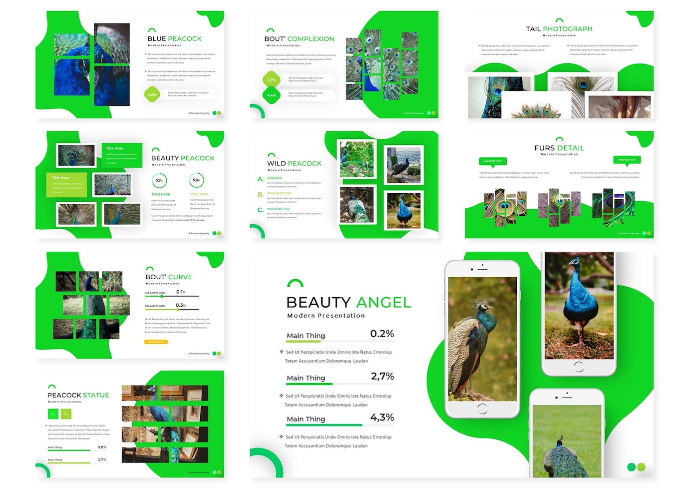 Set of images of colorful presentation template slides in green.