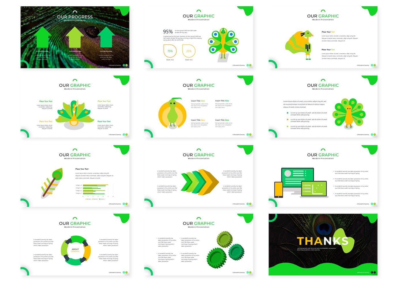 Pack of images of adorable presentation template slides in green.