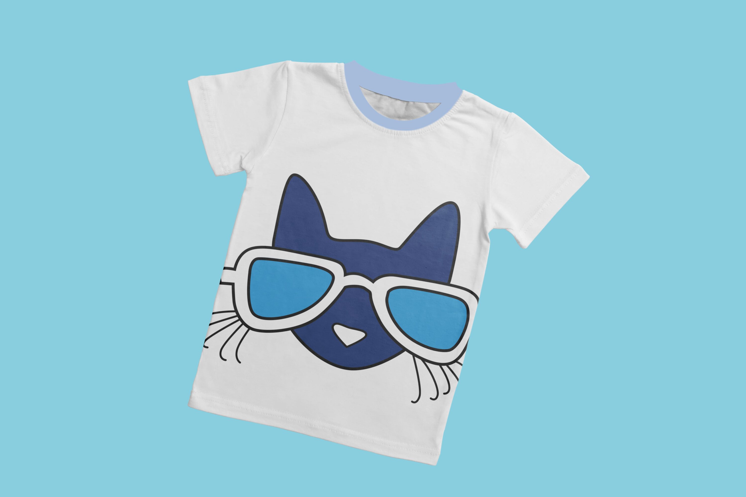 White t-shirt with a light blue collar and the face of Pete the cat with glasses.
