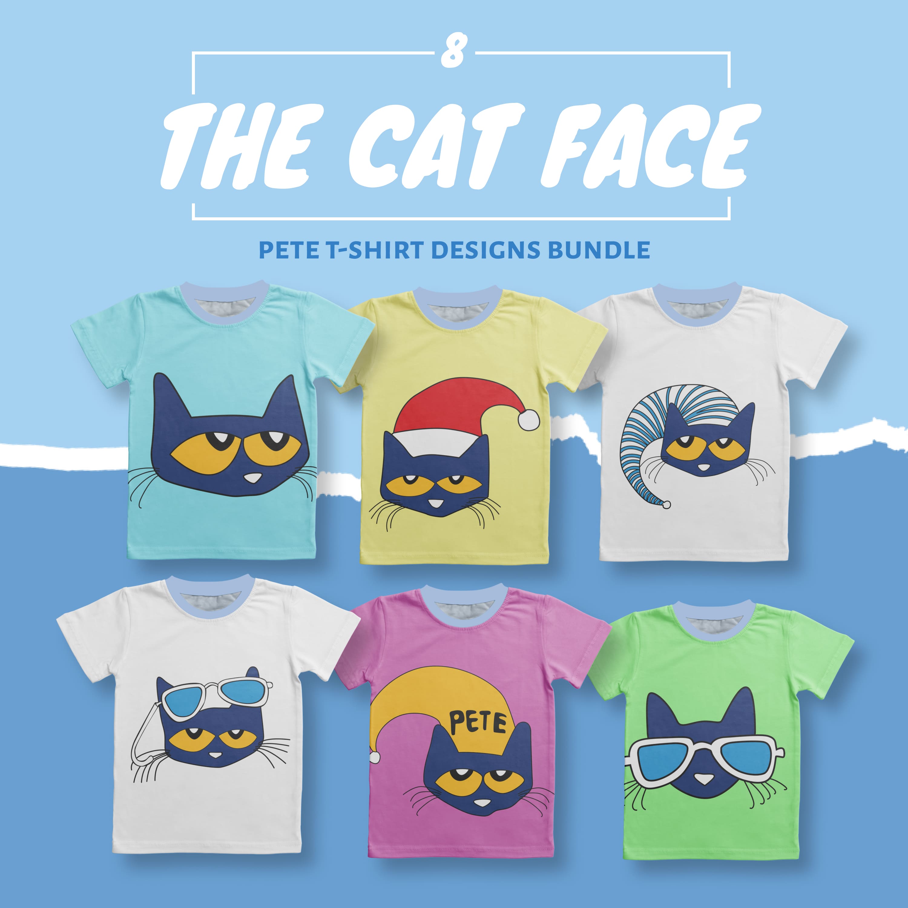 Pete The Cat Face T-shirt Designs Bundle.